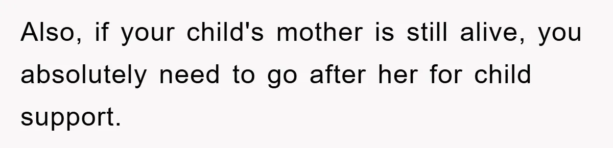 Also, if your child's mother is still alive, you absolutely need to go after her for child support.