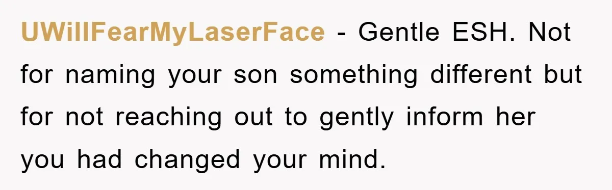 UWillFearMyLaserFace - Gentle ESH. Not for naming your son something different but for not reaching out to gently inform her you had changed your mind.