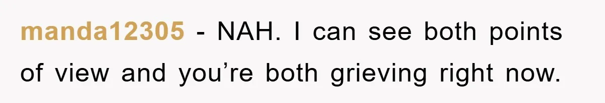 manda12305 - NAH. I can see both points of view and you’re both grieving right now.