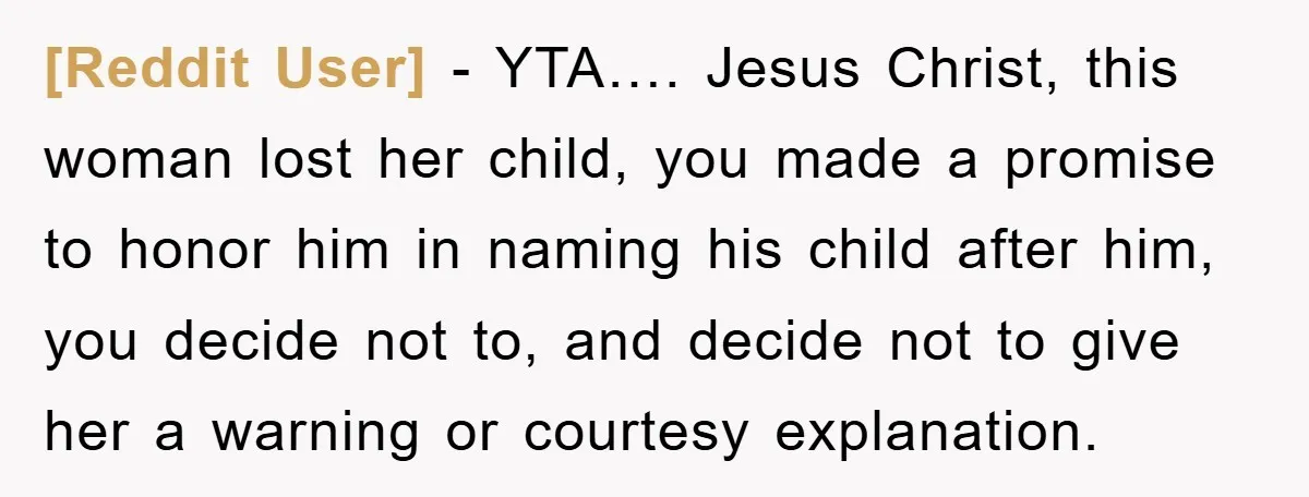 [Reddit User] - YTA…. Jesus Christ, this woman lost her child, you made a promise to honor him in naming his child after him, you decide not to, and decide...