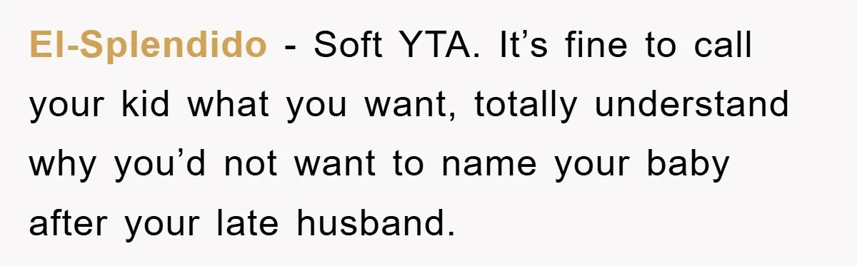 El-Splendido - Soft YTA. It’s fine to call your kid what you want, totally understand why you’d not want to name your baby after your late husband.