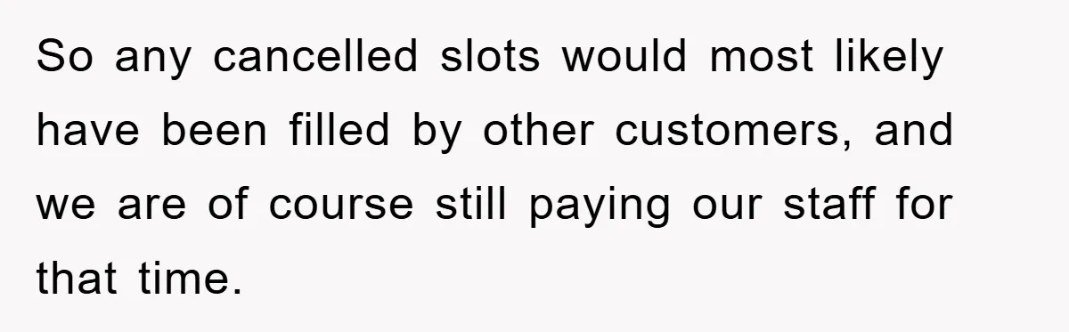 So any cancelled slots would most likely have been filled by other customers, and we are of course still paying our staff for that time.