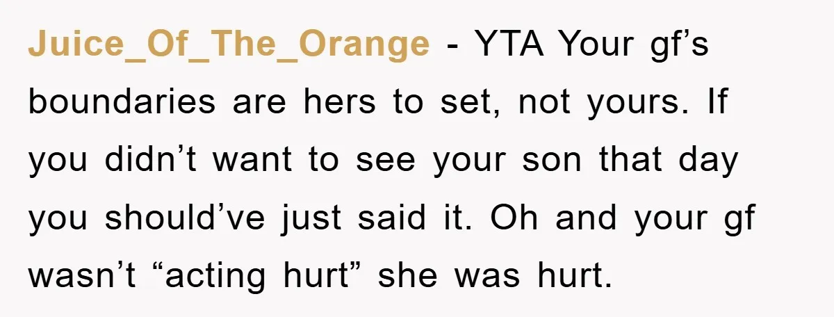 Juice_Of_The_Orange - YTA Your gf’s boundaries are hers to set, not yours. If you didn’t want to see your son that day you should’ve just said it. Oh and your...