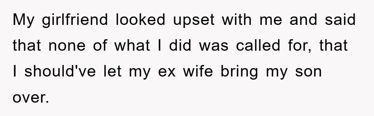My girlfriend looked upset with me and said that none of what I did was called for, that I should've let my ex wife bring my son over.