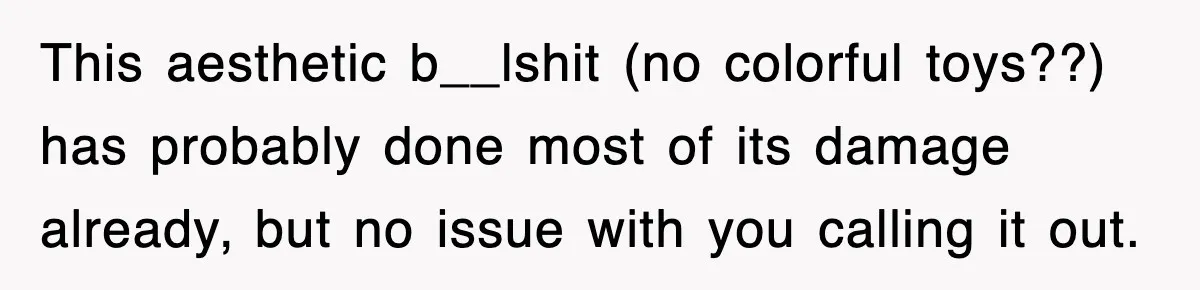 This aesthetic b__lshit (no colorful toys??) has probably done most of its damage already, but no issue with you calling it out.