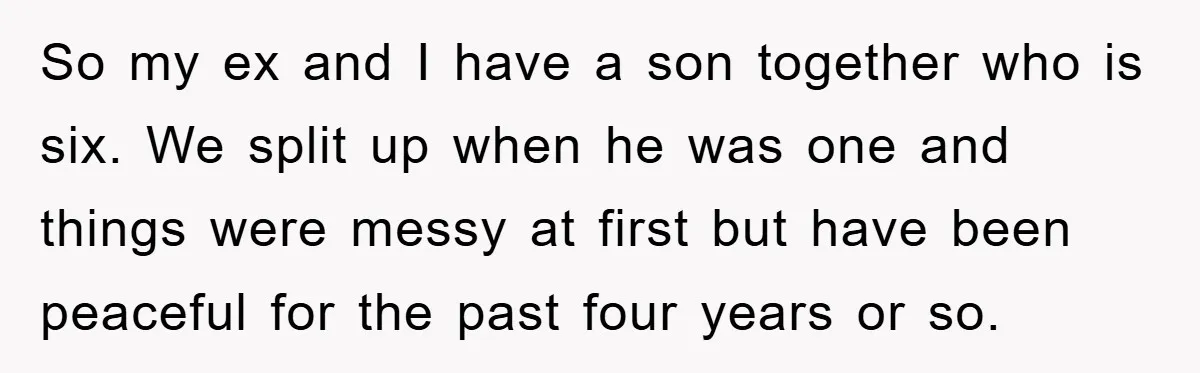 So my ex and I have a son together who is six. We split up when he was one and things were messy at first but have been peaceful for...