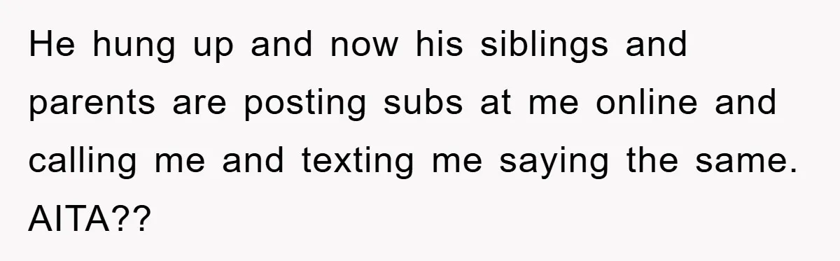 He hung up and now his siblings and parents are posting subs at me online and calling me and texting me saying the same. AITA??