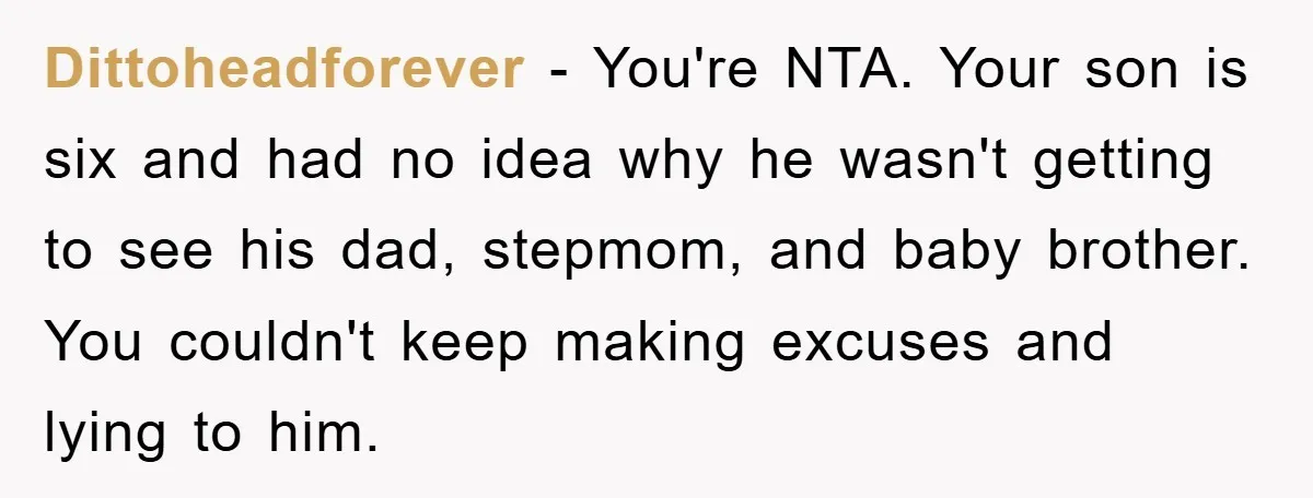 Dittoheadforever - You're NTA. Your son is six and had no idea why he wasn't getting to see his dad, stepmom, and baby brother. You couldn't keep making excuses and...