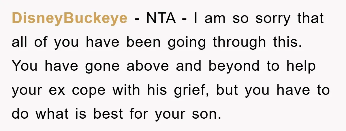 DisneyBuckeye - NTA - I am so sorry that all of you have been going through this. You have gone above and beyond to help your ex cope with his...