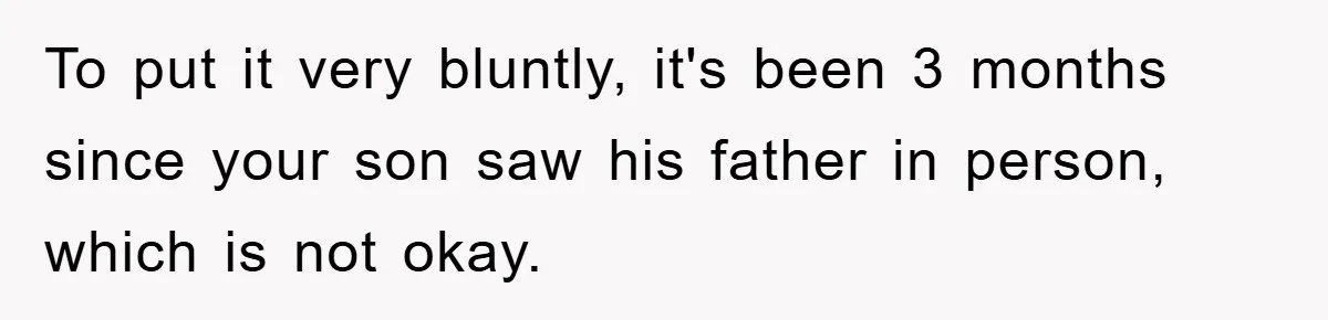 To put it very bluntly, it's been 3 months since your son saw his father in person, which is not okay.