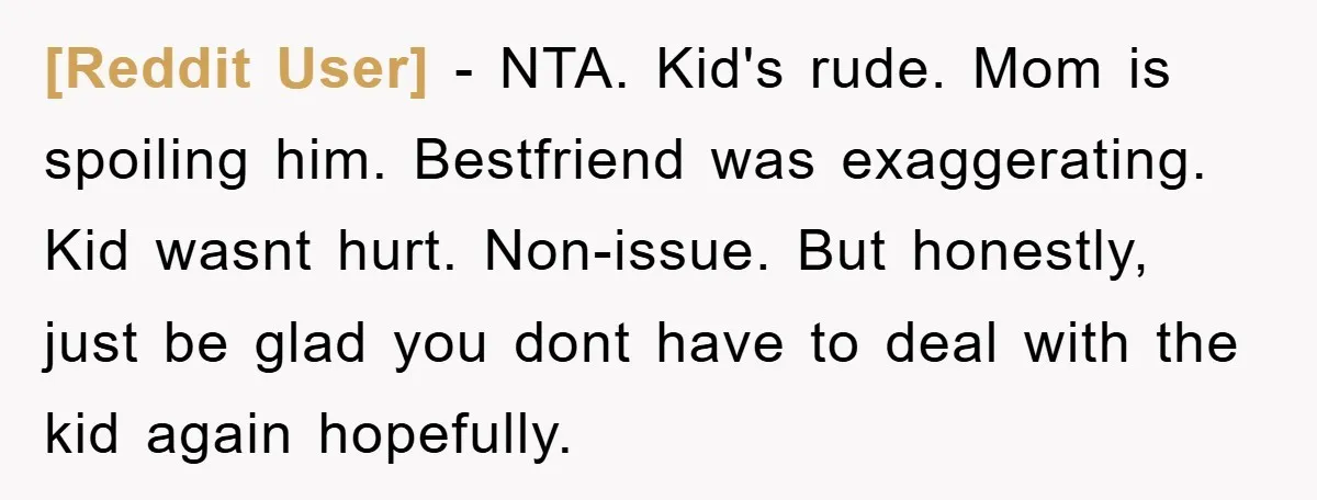 [Reddit User] - NTA. Kid's rude. Mom is spoiling him. Bestfriend was exaggerating. Kid wasnt hurt. Non-issue. But honestly, just be glad you dont have to deal with the kid...
