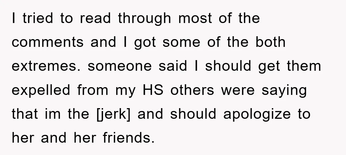 I tried to read through most of the comments and I got some of the both extremes. someone said I should get them expelled from my HS others were saying...