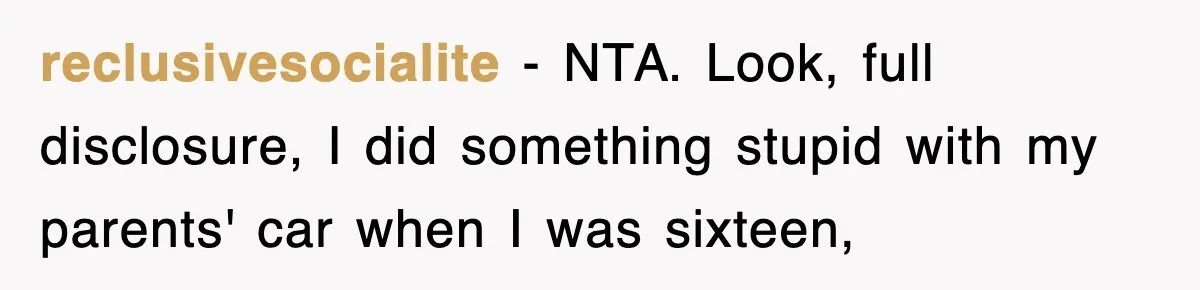 reclusivesocialite − NTA. Look, full disclosure, I did something stupid with my parents' car when I was sixteen,