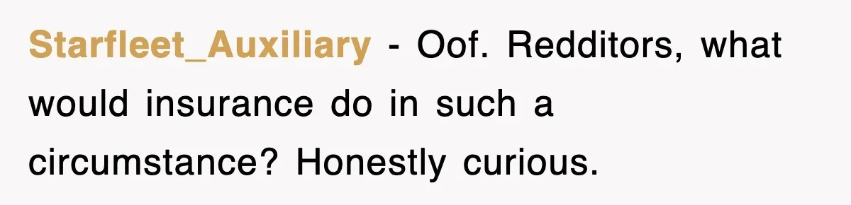Starfleet_Auxiliary − Oof. Redditors, what would insurance do in such a circumstance? Honestly curious.