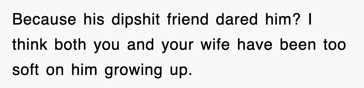 Because his dipshit friend dared him? I think both you and your wife have been too soft on him growing up.