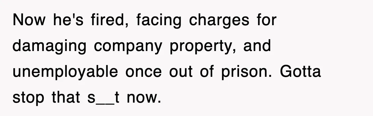 Now he's fired, facing charges for damaging company property, and unemployable once out of prison. Gotta stop that s__t now.