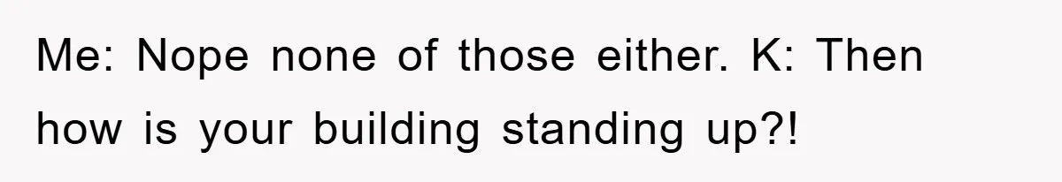 Me: Nope none of those either. K: Then how is your building standing up?!