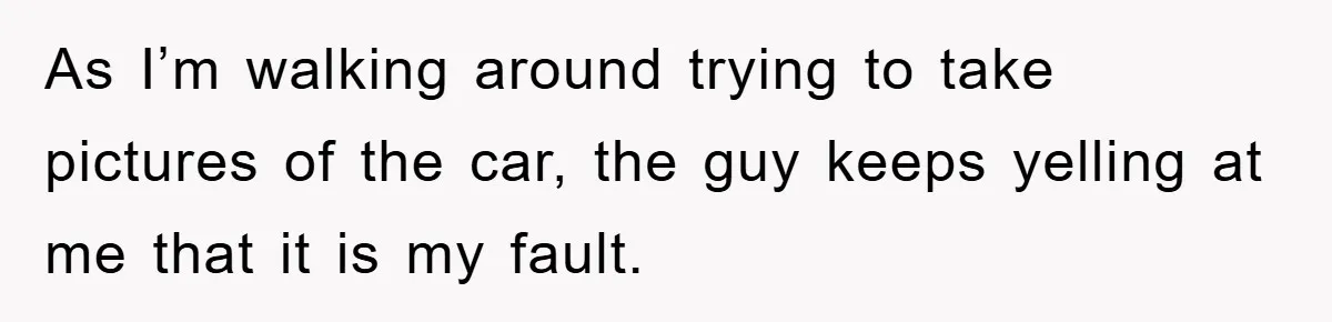 As I’m walking around trying to take pictures of the car, the guy keeps yelling at me that it is my fault.