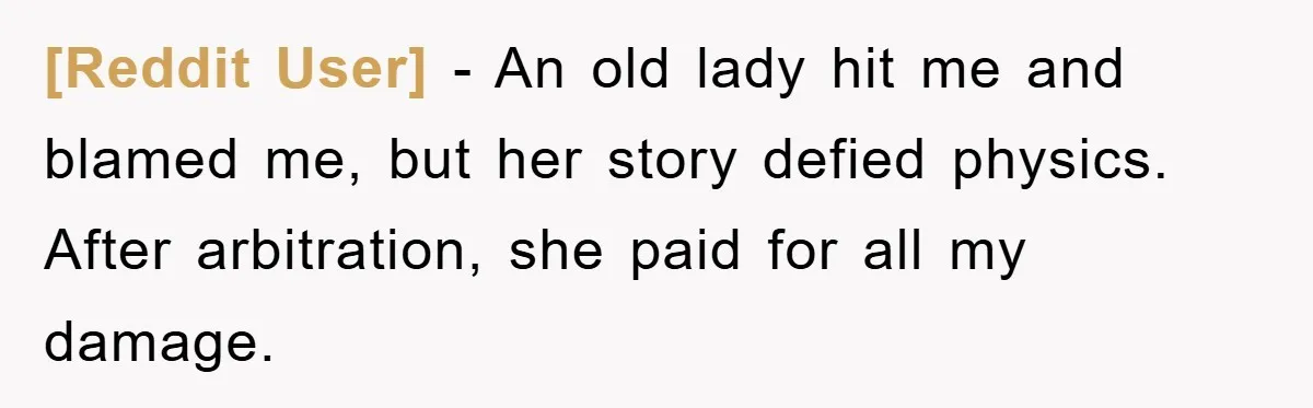 [Reddit User] − An old lady hit me and blamed me, but her story defied physics. After arbitration, she paid for all my damage.