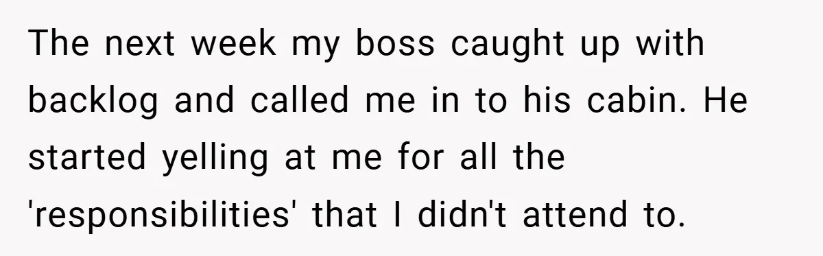 The next week my boss caught up with backlog and called me in to his cabin. He started yelling at me for all the 'responsibilities' that I didn't attend to.