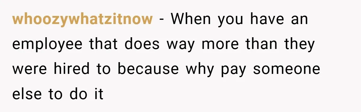 whoozywhatzitnow − When you have an employee that does way more than they were hired to because why pay someone else to do it