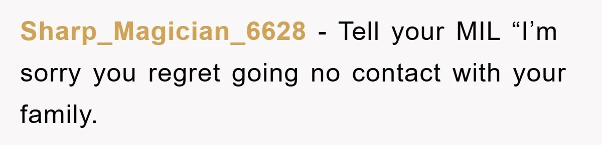 Sharp_Magician_6628 − Tell your MIL “I’m sorry you regret going no contact with your family.