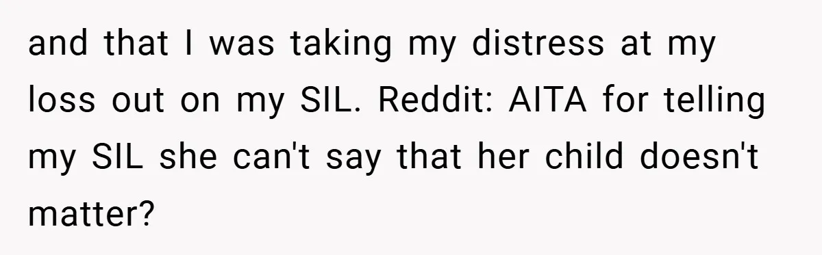 and that I was taking my distress at my loss out on my SIL. Reddit: AITA for telling my SIL she can't say that her child doesn't matter?