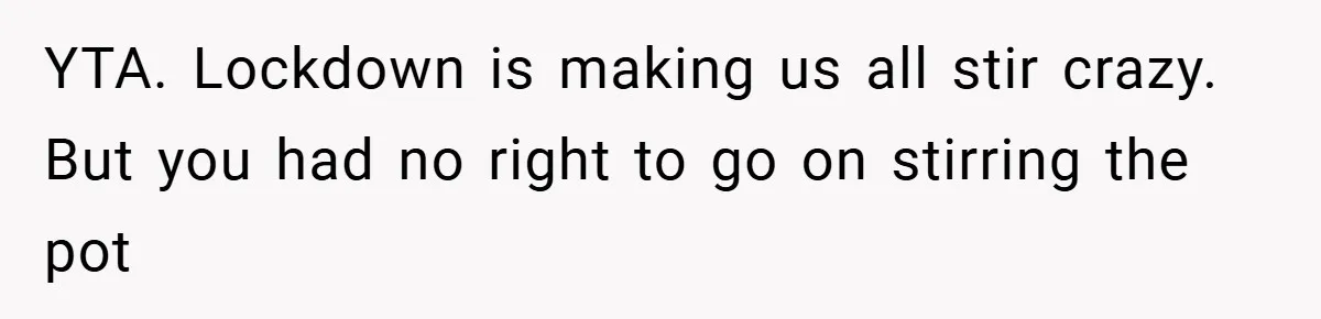 YTA. Lockdown is making us all stir crazy. But you had no right to go on stirring the pot