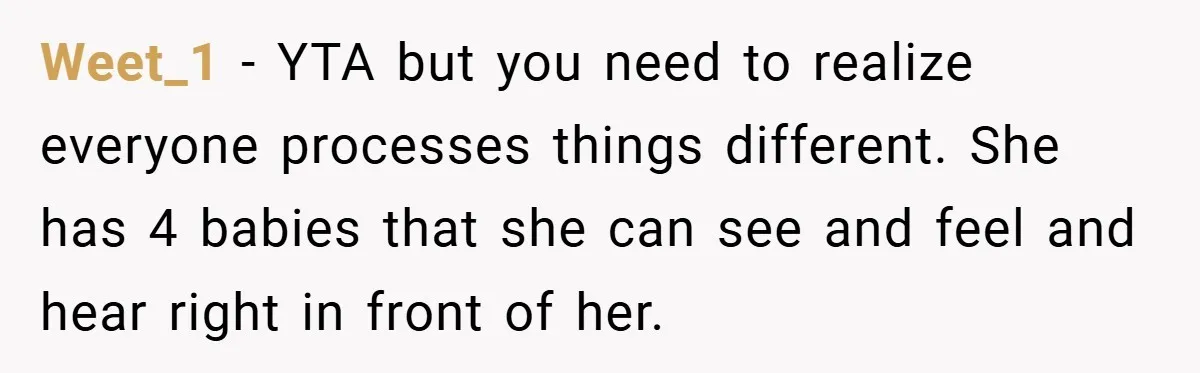 Weet_1 − YTA but you need to realize everyone processes things different. She has 4 babies that she can see and feel and hear right in front of her.