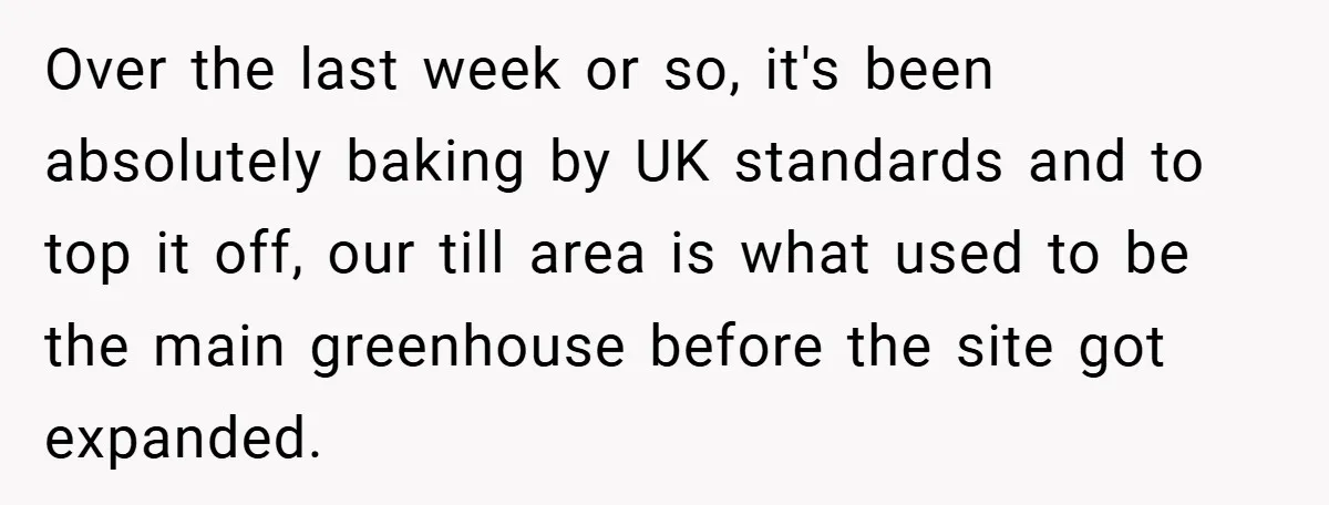 Over the last week or so, it's been absolutely baking by UK standards and to top it off, our till area is what used to be the main greenhouse before...