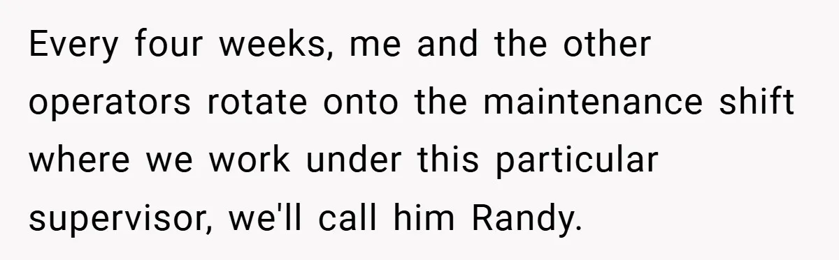 Every four weeks, me and the other operators rotate onto the maintenance shift where we work under this particular supervisor, we'll call him Randy.