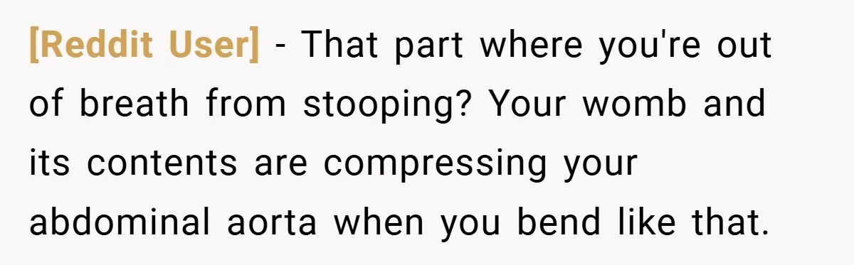 [Reddit User] − That part where you're out of breath from stooping? Your womb and its contents are compressing your abdominal aorta when you bend like that.