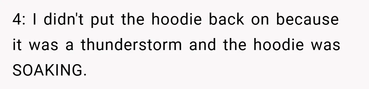 4: I didn't put the hoodie back on because it was a thunderstorm and the hoodie was SOAKING.