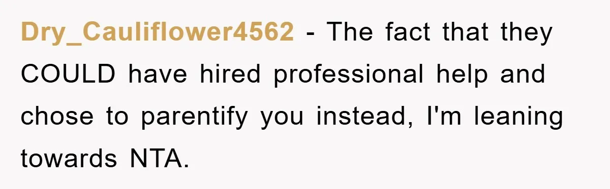 Dry_Cauliflower4562 − The fact that they COULD have hired professional help and chose to parentify you instead, I'm leaning towards NTA.
