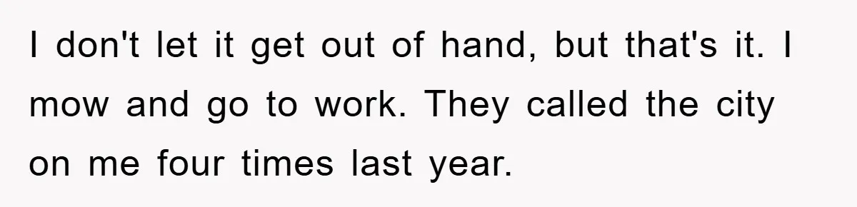 I don't let it get out of hand, but that's it. I mow and go to work. They called the city on me four times last year.