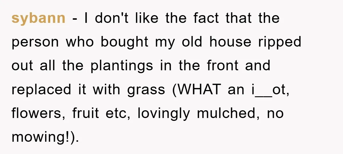 sybann − I don't like the fact that the person who bought my old house ripped out all the plantings in the front and replaced it with grass (WHAT an...