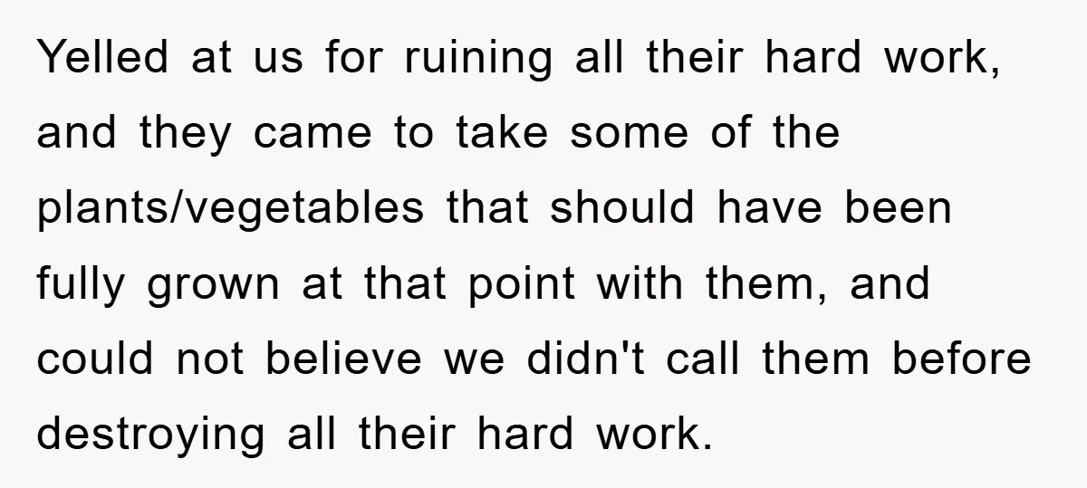 Yelled at us for ruining all their hard work, and they came to take some of the plants/vegetables that should have been fully grown at that point with them, and...