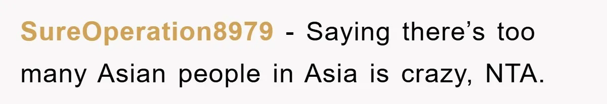 SureOperation8979 − Saying there’s too many Asian people in Asia is crazy, NTA.
