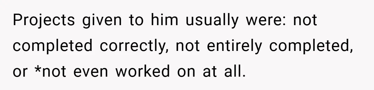 Projects given to him usually were: not completed correctly, not entirely completed, or *not even worked on at all.