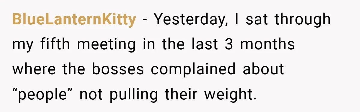 BlueLanternKitty − Yesterday, I sat through my fifth meeting in the last 3 months where the bosses complained about “people” not pulling their weight.