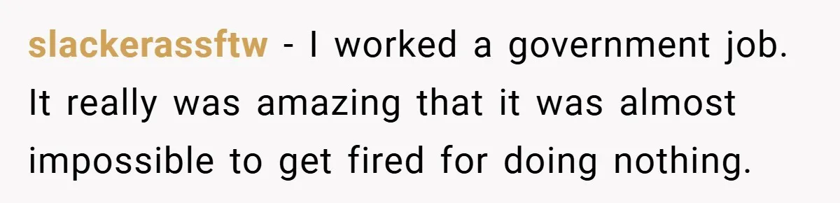 slackerassftw − I worked a government job. It really was amazing that it was almost impossible to get fired for doing nothing.