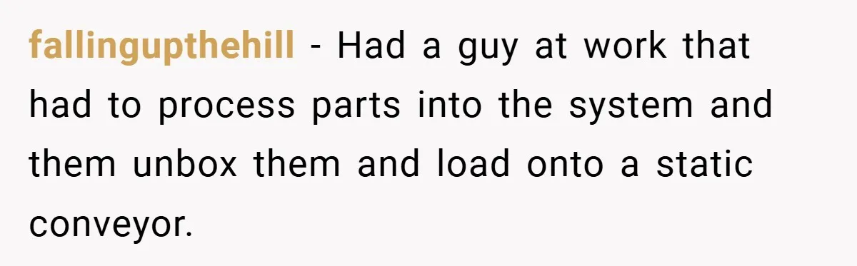fallingupthehill − Had a guy at work that had to process parts into the system and them unbox them and load onto a static conveyor.