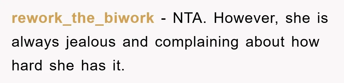 rework_the_biwork − NTA. However, she is always jealous and complaining about how hard she has it.