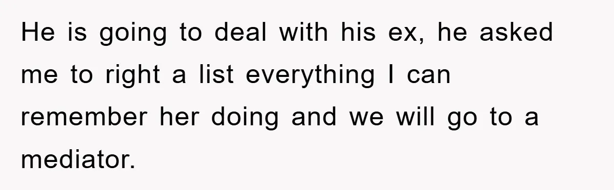 He is going to deal with his ex, he asked me to right a list everything I can remember her doing and we will go to a mediator.