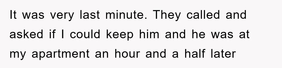 It was very last minute. They called and asked if I could keep him and he was at my apartment an hour and a half later