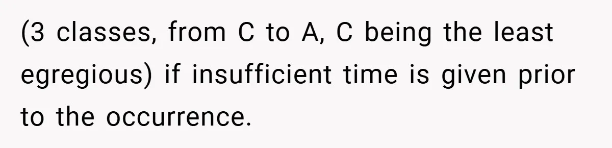 Boss Fires Employee For 1-Minute Late, Then Rehires Them With A 25% Raise (3 classes, from C to A, C being the least egregious) if insufficient time is given prior to the occurrence.