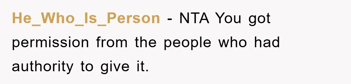 He_Who_Is_Person − NTA You got permission from the people who had authority to give it.