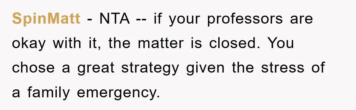 SpinMatt − NTA -- if your professors are okay with it, the matter is closed. You chose a great strategy given the stress of a family emergency.