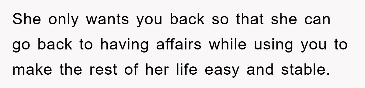 She only wants you back so that she can go back to having affairs while using you to make the rest of her life easy and stable.