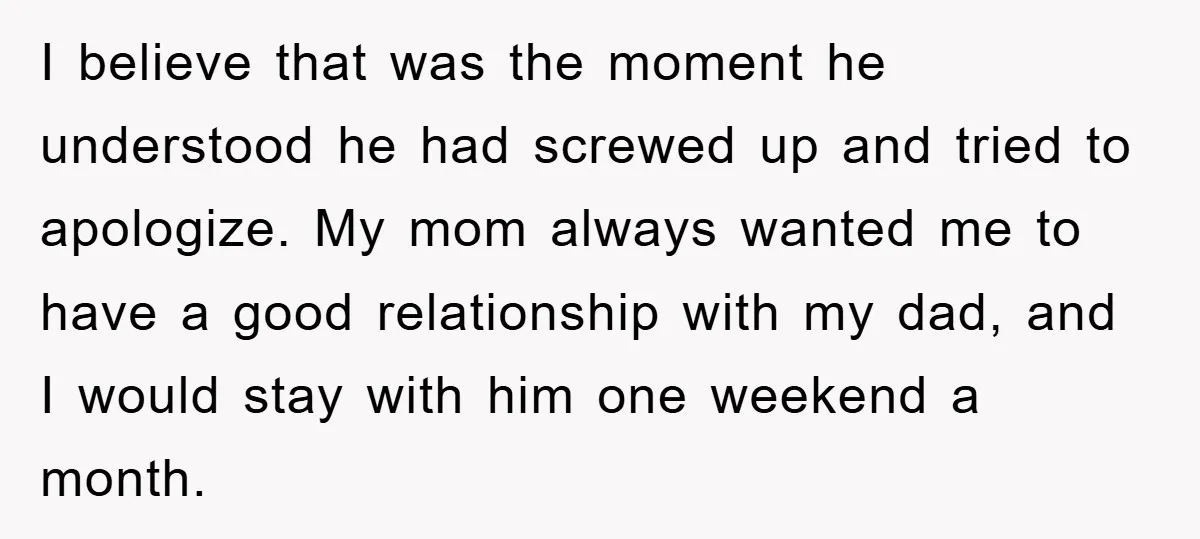 I believe that was the moment he understood he had screwed up and tried to apologize. My mom always wanted me to have a good relationship with my dad, and...